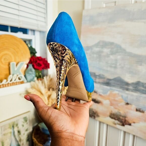 Enzo Angiolino Aqua Blue Suede Leather Sexy Peep Toe Pumps. - Picture 10 of 15